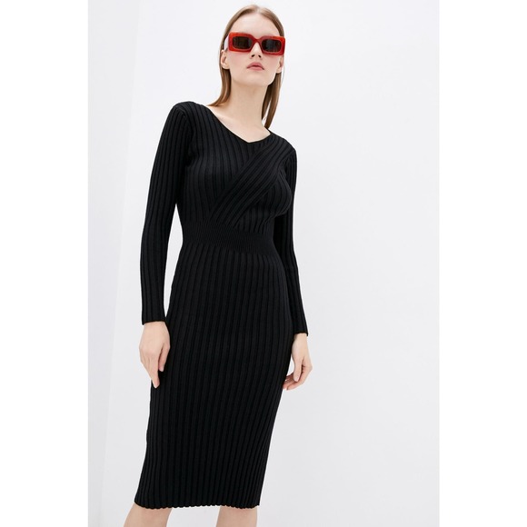 DASTI Bodycon Black Midi Dress Long Sleeve Black Vestido Negro - Picture 3 of 6